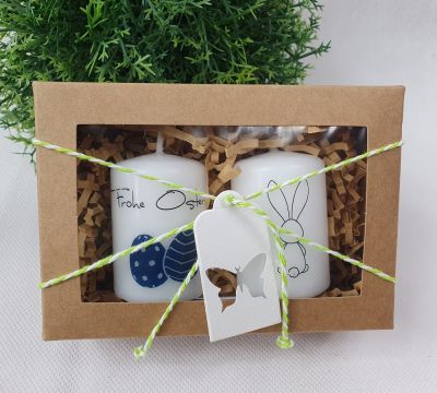 Geschenkbox mit handverziertem Kerzenset "Frohe Ostern" und Osterhase - Osterkerzen